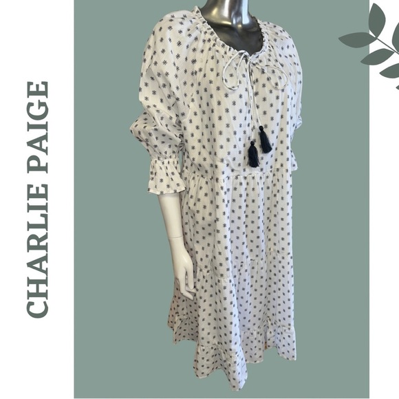Charlie Paige Relaxed Fit Cotton Dress 3/4 Length Sleeve Tassel White Dark Blue - Picture 4 of 10